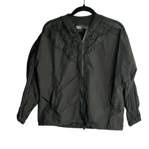 Zara Black Zippered Windbreaker With Lace Detailing & Drawstring Size XS